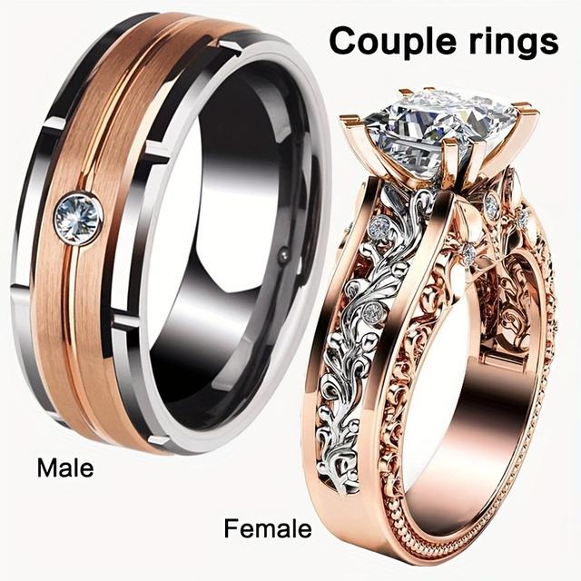 TEMU 2pc Stainless Steel Couples Ring Set - Ideal For Wedding & Engagement - Elegant & Luxurious Style Finger Jewelry