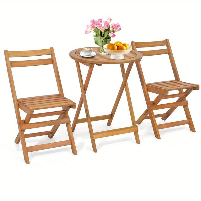 TEMU Multigot 3 Pcs Folding Set Solid Wood Table & Chairs Slatted Tabletop