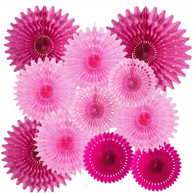 TEMU Hot Pink Hanging Paper Fans - Pack Of 11, Birthday, Wedding, Shower & Graduation Decorations, Hot Pink, Birthday Decorations, Hanging Paper Fans, Party Accessories
