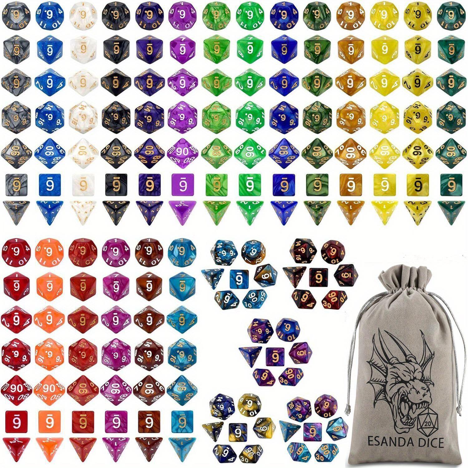 TEMU Juego de dados poliédricos DND de 25 x 7 (175 piezas) para juegos de mesa D&D, RPG, MTG, dados de 25 colores con 1 bolsa grande de franela