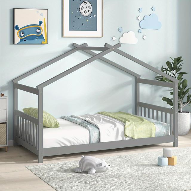 TEMU Twin Size House Bed With Roof Wooden Low Floor Bed No Box Spring Needed Grey