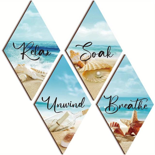 TEMU 2d Flat Ocean Beach Style Bathroom Wall Decor Wood Relax Soak Breathe Coastal Wall Art With Ocean Beach Seashell Starfish Bathroom Wooden Wall Hanging Sign For Laundry Bedroom Living Room