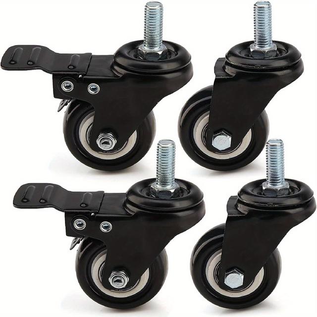 TEMU 4pcs Heavy Duty Wheels Spiral Caster 50mm Rubber Pu Swivel 200kg Wheels Trolley Furniture Caster With Screw (black 2 Brakes 2 Non Brakes)