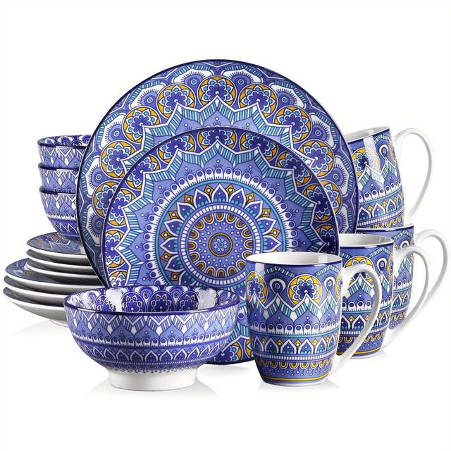 TEMU 16-teiliges Bohemian-Musterblaues Porzellan-Service-Set mit 4 Teller, Dessertteller, Schüssel, Tasse für 4 Personen