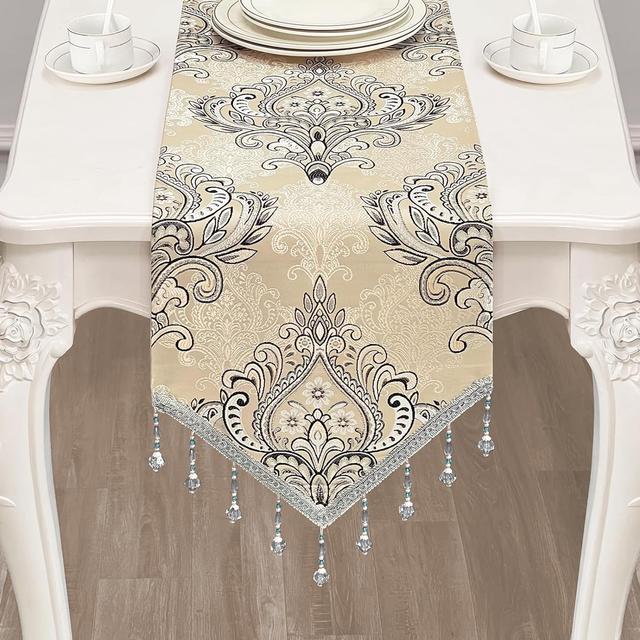 TEMU Npet Table Runner For Home Decor 13×72 Inch Long Vintage Jacquard Fabric With Beaded Tassels Table Runner For Table Decor Holiday Party Wedding And Dining Decorations (beige, 13"×72")