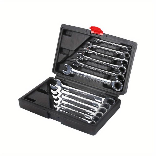 TEMU 12-Pack Clé à cliquet métrique Clé à cliquet combinée réglable Clé plate à dents 8-19mm Noir, Tête fixe