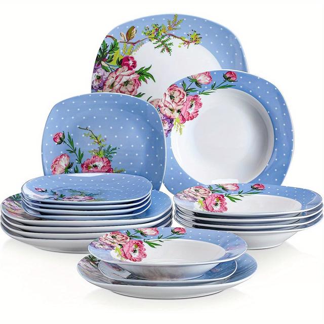 TEMU Service de Table 18 Pièces pour 6 Personnes, Ensemble de Plats en Porcelaine, Vaisselle de Table, avec 6 Assiettes à Dessert, Assiette à Soupe de 180ml et Assiette de Dîner