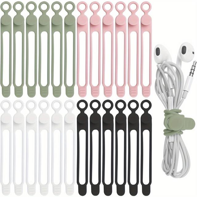 TEMU 24pcs Silicone Cable Straps - Reusable Elastic Wire Ties With 8.5x Stretch, (white/black/pink/green) For Earphones, , Cords - Home, Office, Kitchen, School Use, Cord Holder