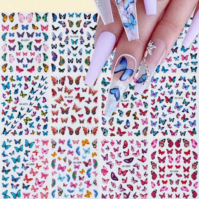 TEMU 12 Sheets Nail Art Stickers - Self-adhesive Decals With Colorful Mixed Cartoon & Flower Designs, Sparkling Accents, Irregular Shapes For Diy Nail Decorations (plastic, Disposable)