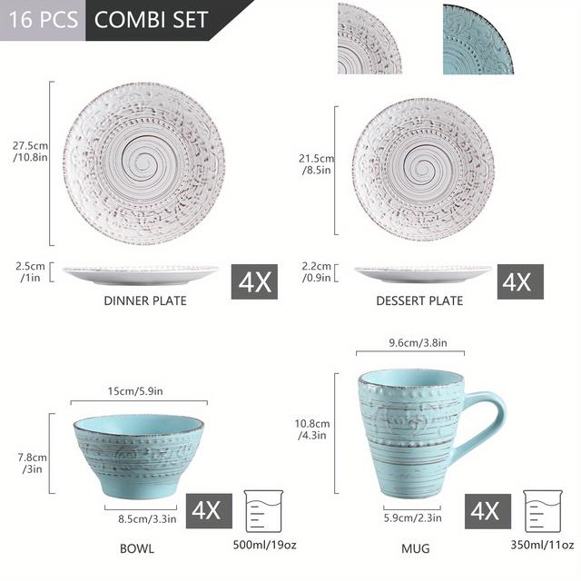 TEMU 16-teiliges Steingutgeschirr-Set mit Teller, Dessertteller, Schüssel, Becher für 4 Personen