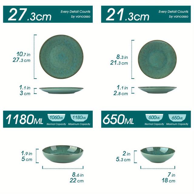 TEMU 16pcs Green Embossed Stoneware Dinnerware Set Including Dinner Plates, Dessert Plates, Soup Bowls, And Mugs, Designed To Serve 4 People.