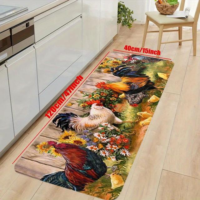 TEMU 1pc Modern Kitchen Soft Floor Mat With Rooster & Sunflower Pattern - 100% Polyester Machine-washable Decorative Mat For Kitchen, Bathroom, Dining Room - Vibrant Countryside Design