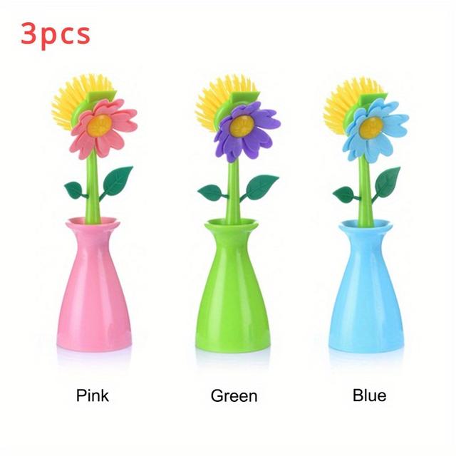 TEMU 3pcs Flower-shaped Kitchen & Bathroom Cleaning Brush Set With Removable Handles - Soft, Durable Bristles For Dishes, Pots, And Bottles - Pink, Blue, Green