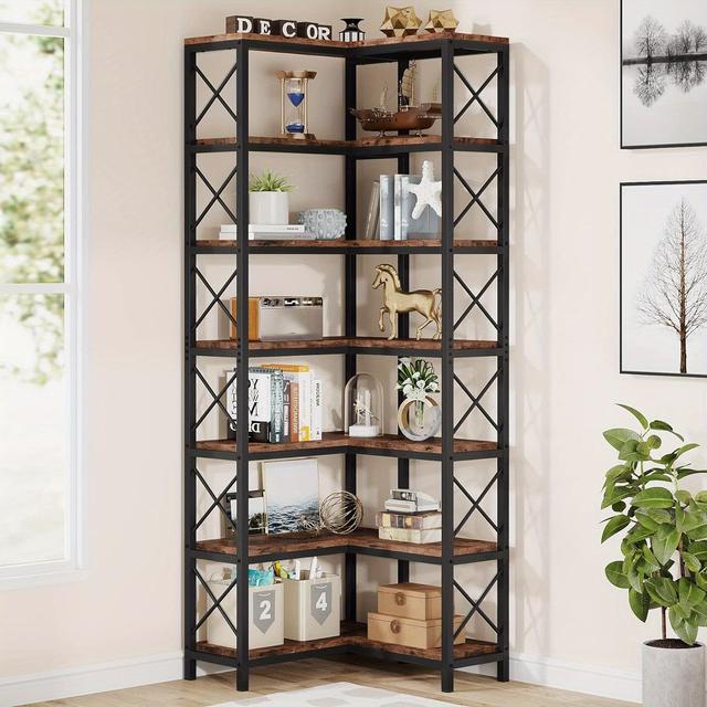 TEMU Large 7-tier Corner Bookshelf With Metal Frame, Modern 7-shelf Tall Corner Bookcase Storage Display Rack For Home Office Living Room