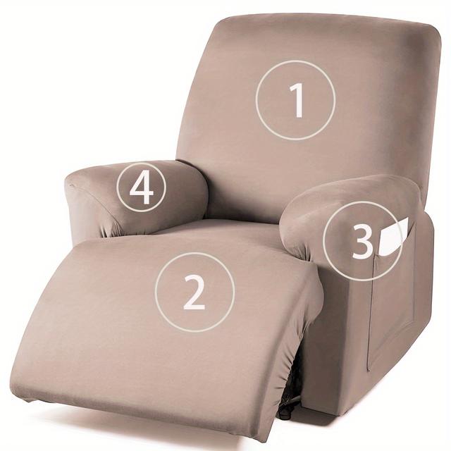 TEMU 4pcs/set High Elasticity Chenille Single Recliner Sofa Cover With Pockets, Soft And Washable Spandex Fabric, Pet-friendly, Suitable For Home Or Hotel Use
