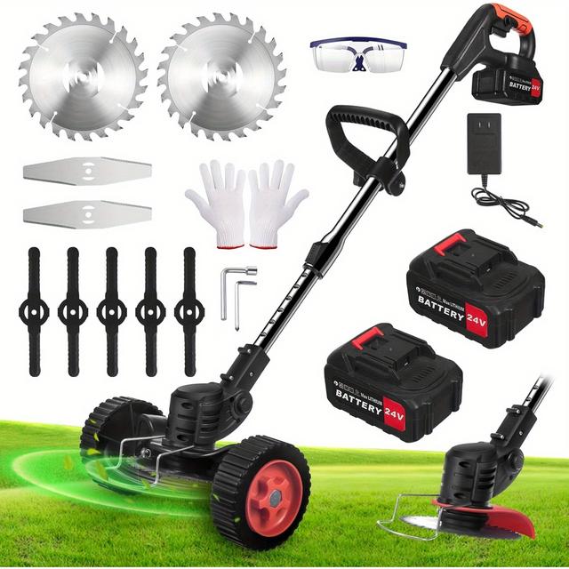 TEMU 2025 Upgraded Electric Cordless, 24v 2x4.0ah Battery Operated, Lawn Trimmer/ Wheel Edger/ Mini-mower/ Brush Cutter, With 3 Types String Trimmer For Lawns Yard Garden