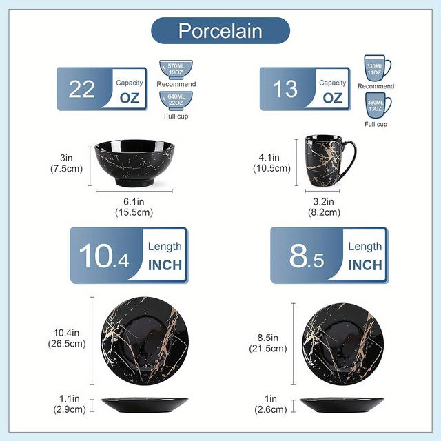 TEMU 16 Piece Glaze Black Porcelain Dinnerware Sets Round Dinner Set With Mugs, Dishwasher Microwave Safe For 4 People