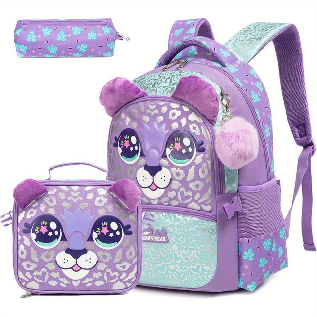 TEMU Cute Cartoon & Heart Backpack Set For Girls - Lightweight School Bag With Lunch Box & Pencil Case, Adjustable Straps, Lining, Perfect For Preschool, Kindergarten