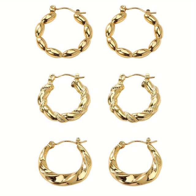 TEMU 3 Pairs/set Of Stainless Steel Earrings: Ins Wind Line, , Round Irregular Fried Dough Twists Earrings