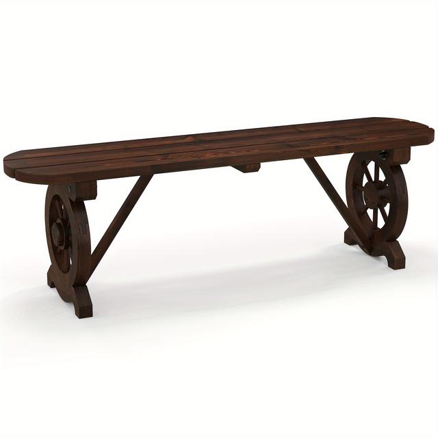 TEMU Multigot Patio Rustic Wood Bench W/ Wagon Wheel Base Slatted Seat Design 710 Lbs
