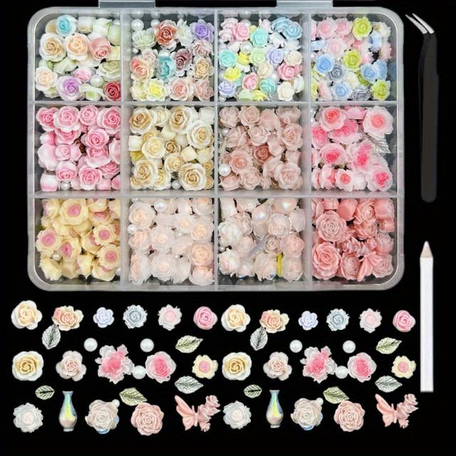TEMU 1 Box 3d Rose Flower Butterfly Leaf Pearl Nail Art Embellishments Diy Assortment Kit, Mixed Nail Decorations Set, Alcohol Free - For Diy Nail Art And Manicure Crafts