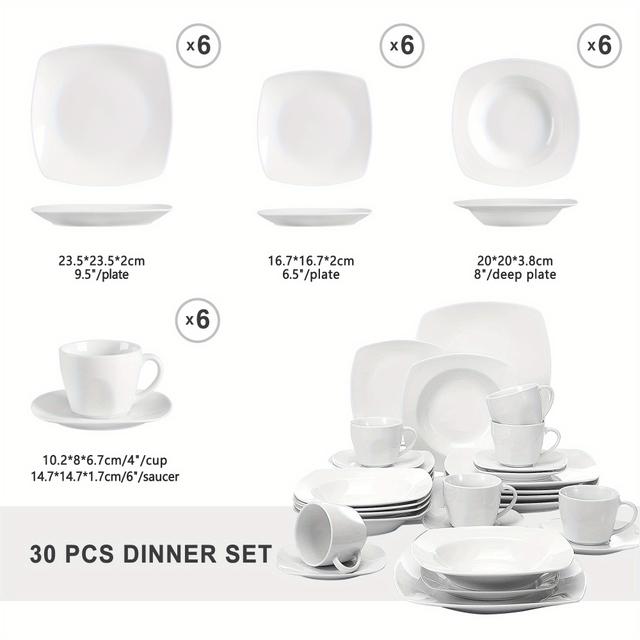 TEMU Service de table de 30 pièces en porcelaine pour 6 personnes : assiettes plates, assiettes à soupe, assiettes à dessert, tasses et soucoupes