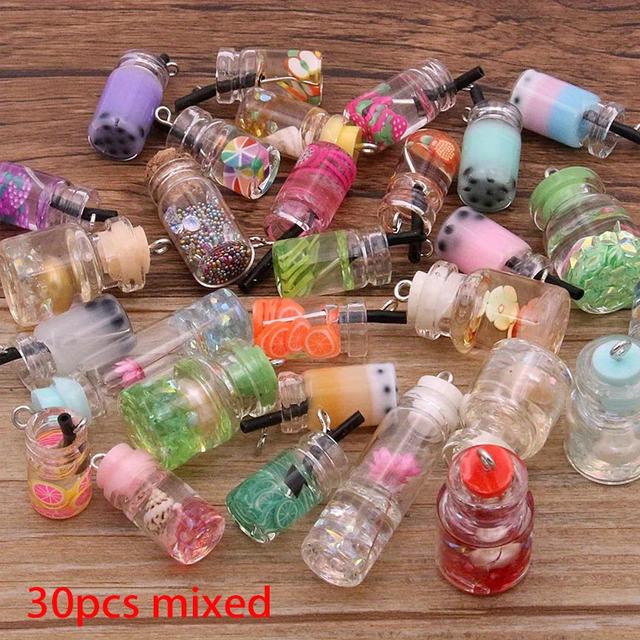 TEMU 30pcs Assorted Miniature Faux Food & Glitter Resin Charms - Mixed Designs Glass Bottle & Ball Pendants For Diy Earrings, Keychains, Bracelets Jewelry Crafting