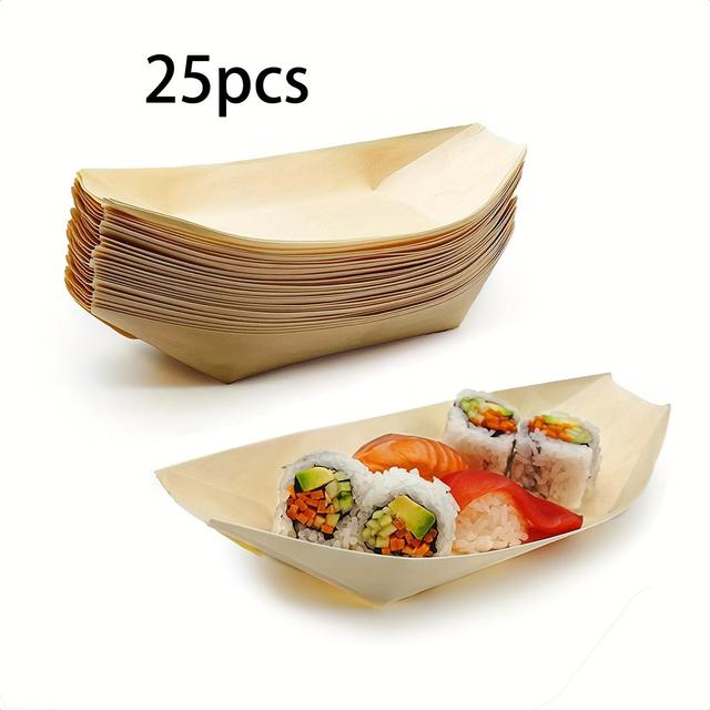 TEMU 25pcs Disposable Wood Serving Boats Plates Trays, Serving Bowls, Party, Restaurants,