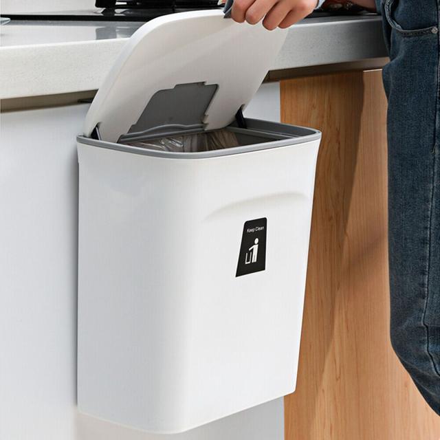 TEMU 9l Kitchen Cabinet Door Hanging Bin With Lid Lid Wall Mounted Counter Waste Bin Kitchen Sliding Lid Bin For Washbasin, Living Room, Kitchen, Bathroom (white)
