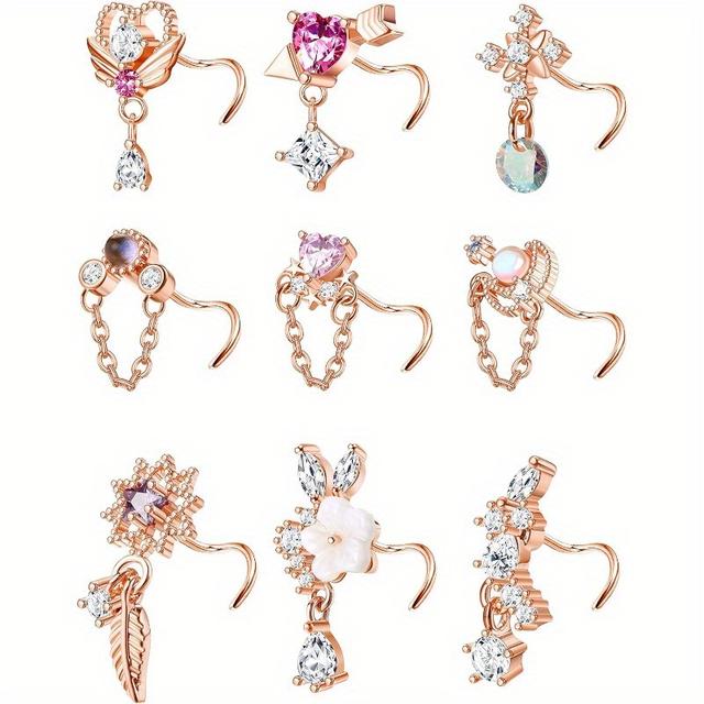 TEMU 9pièces Dangle Anneaux de Nez Études Pour Femmes En Acier Inoxydable L D'Anneaux de Nez Études Cœur Flèche Plume Dangle Anneau de Nez Perçage Bijoux