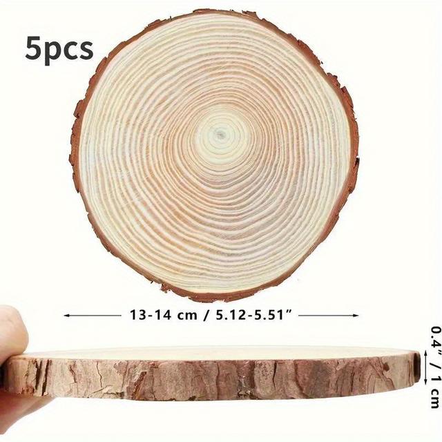 TEMU Set Of 5 Natural Wooden Discs: Circular Wooden Plates With Bark, Ideal For Projects, Holiday Decorations, And Rustic Weddings, Unfinished Wooden Circles