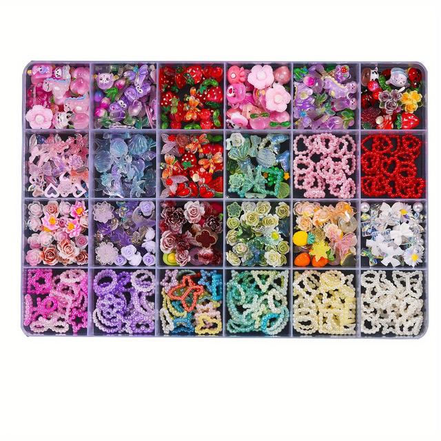 TEMU 24-grid Nail Art Charms Set With Pearlescent Hearts, Cartoon Bears, Strawberries, Cherries, Roses - Hypoallergenic Diy Nail Embellishments Kit