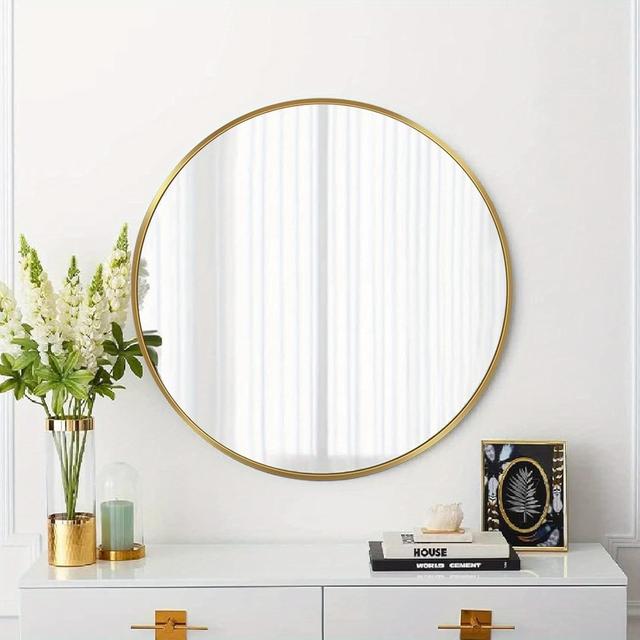 TEMU Golden Round Mirror 50cm Circular Mirror Hd Glass Wall Mirror Metal Frame Round Mirrors For Walls Large Hallway Mirror For Bathroom Makeup Dressing Living Room Bedroom