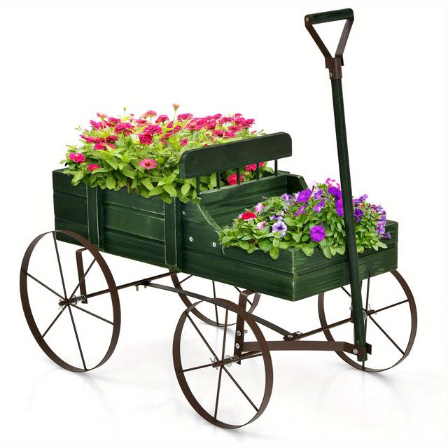 TEMU Gymax Wooden Garden Flower Planter Wagon Plant Bed W/ Wheel Garden Yard Green