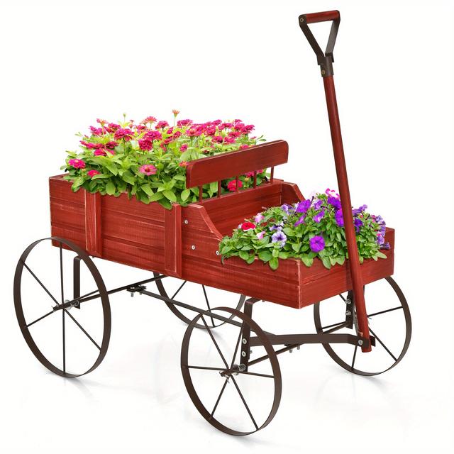 TEMU Gymax Wooden Garden Flower Planter Wagon Plant Bed W/ Wheel Garden Yard Red