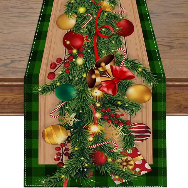 TEMU Christmas Table Runner - 1pc Polyester Woven Linen Look, Decor With Festive Christmas Ball And Design, Rectangle Tabletop Cover For Decoration