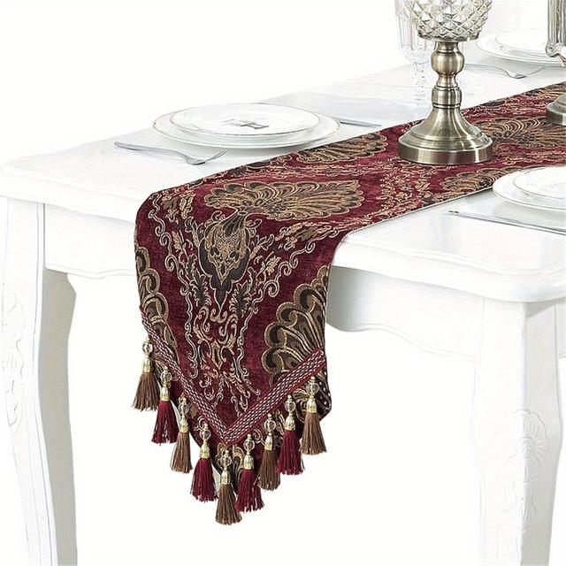 TEMU Corredor de Mesa de Bordado Jacquard Lujoso con Diseño Floral Intrincado y Borlas Multicolor, 13" x 82" - Ideal para en , Celebraciones de y Decoración de Fiestas, Decoración de de Mesa