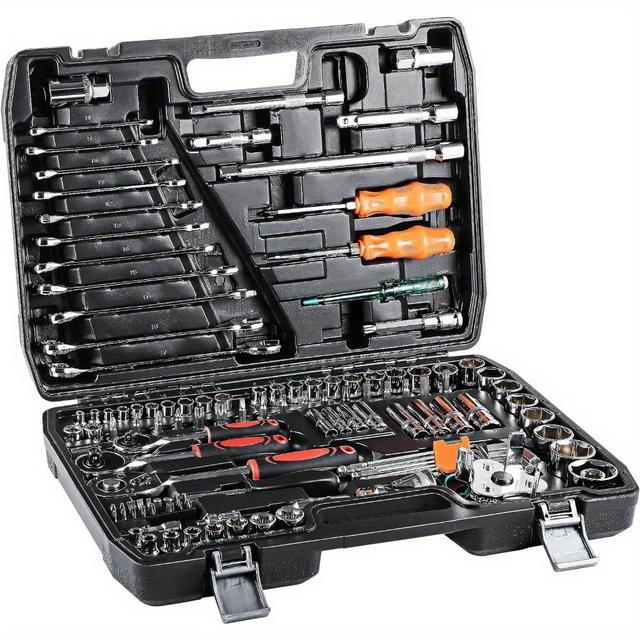TEMU 121pcs Ratchet / 4" And 3/ 8" Reversible Ratchet Socket Wrench Set Ratchet Box Tool Box With Storage Socket Wrench Bit Set Socket Wrench Inserts Tool Case
