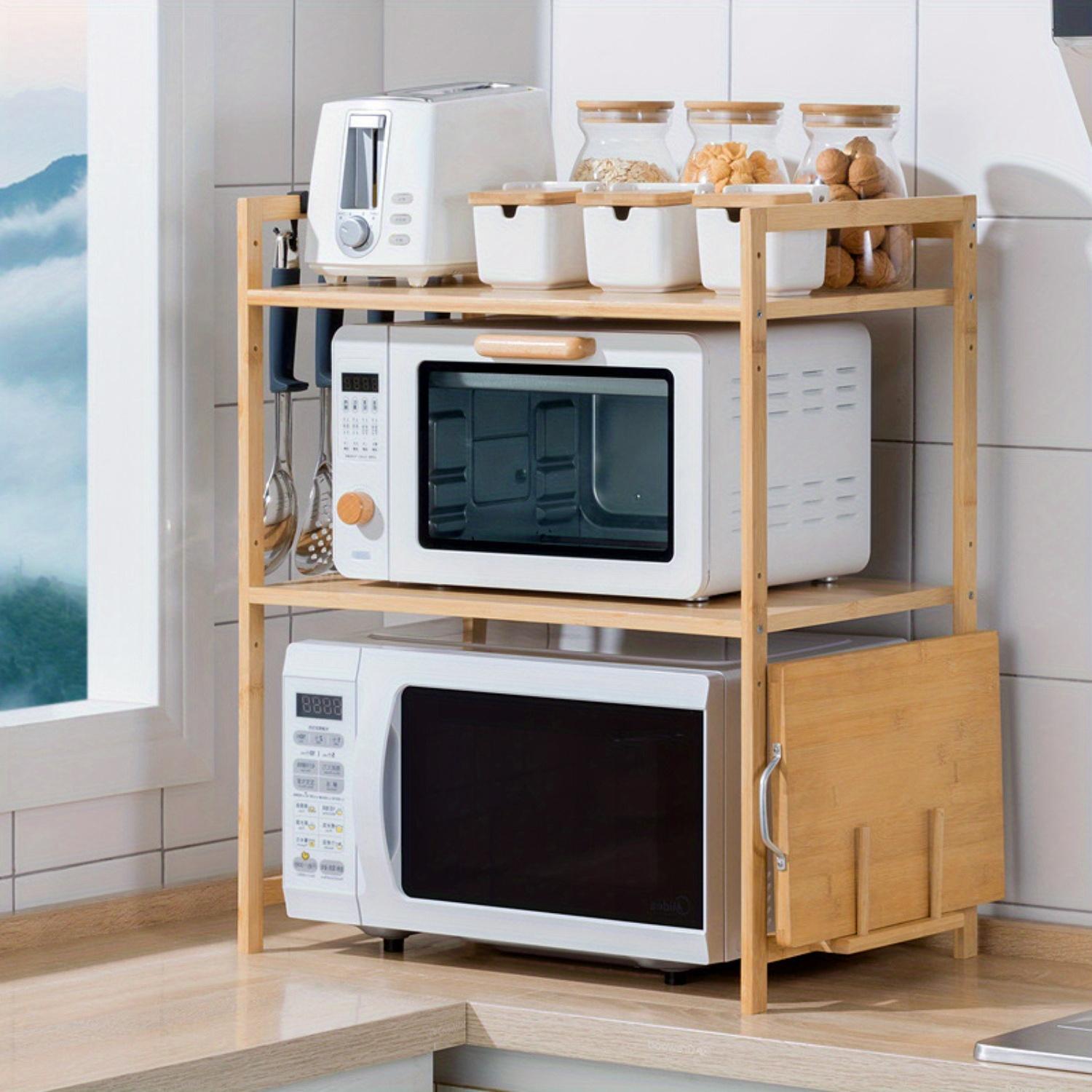 TEMU Étagère de micro-ondes en bambou, support de micro-ondes réglable, support de cuisine, organisateur d'épices avec crochets