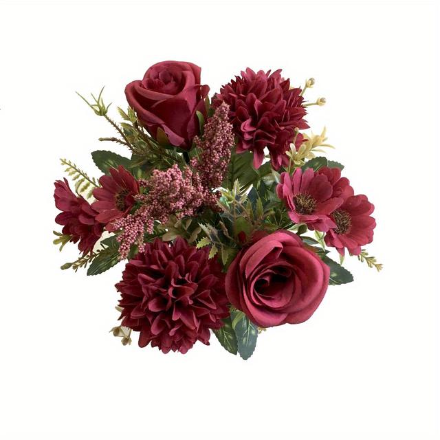 TEMU A Bunch Of High-quality Dark Red Artificial Flowers, Including Burgundy Peony Bouquets, Bulk Fake Roses For Decoration, And Faux Floral Arrangements Suitable For Wedding And Home Decor