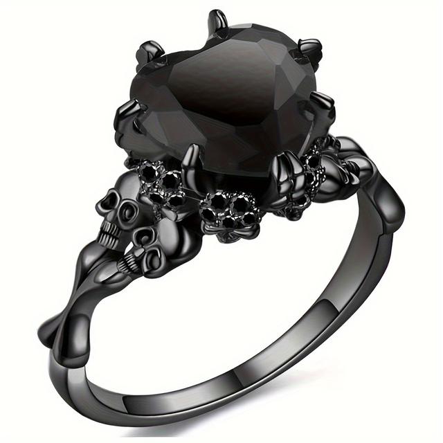 TEMU Gothic Black Double Skull Ring With Red Heart-shaped Crystal – Vintage Women’s Jewelry For Parties, Weddings, And Casual Attire,