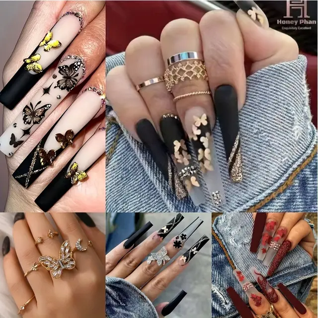 TEMU 96pcs Press On Nails Long Ballet Fake Nails + 5pcs Fall Maple Leaf Thanksgiving Day Design Full Cover Artifical Acrylic Nails Black Stripe False Nails Glue On Nails For Women Stick On Nails Set