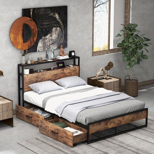 TEMU Maxmass Full Industrial Platform Bed Frame W/ Drawer Storage Headboard Charging Station