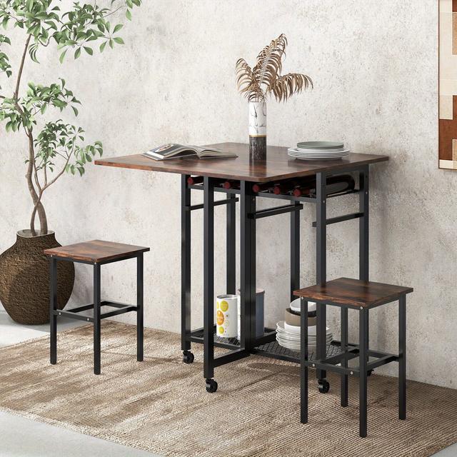 TEMU Costway Set Of 3 Dining Table Set Extendable Kitchen Table 2 Stools W/ Wine Rack