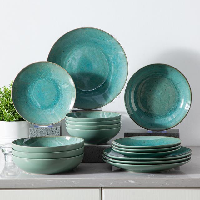 TEMU 16pcs Stoneware Vintage Look Green Reactive Glaze Dinnerware Tableware, Dinner Service Set For 4, Dinner Plate, Dessert Plate, And Cereal Bowl
