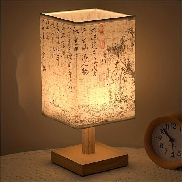 TEMU Chinese Calligraphy Desk Lamp With Wooden Base, Fabric Shade - Usb Rechargeable Led Nightstand Lamp For Bedroom, Space-themed Decor