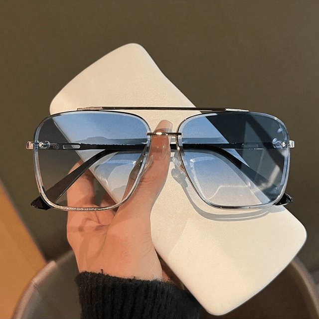 TEMU Par de Óculos com Armação Dupla em Metal e Lentes Azuis Decoradas Elegante para Homens e Mulheres