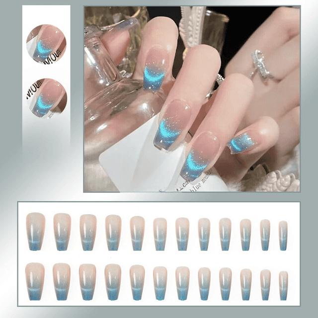 TEMU 24pcs Aurora Blue Gradient Press-on Nails Set - Glittery Chameleon Effect, Long Ballerina Shape, Includes Jelly Adhesive & Nail File For Women And S