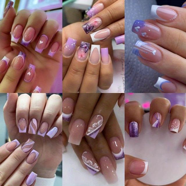 TEMU 144pcs (6 Pack) Glitter French Tip Press On Nails With -medium Square False Nails For Women And Girls - Full Cover, Easy To Apply, Dlyacrylic Nails