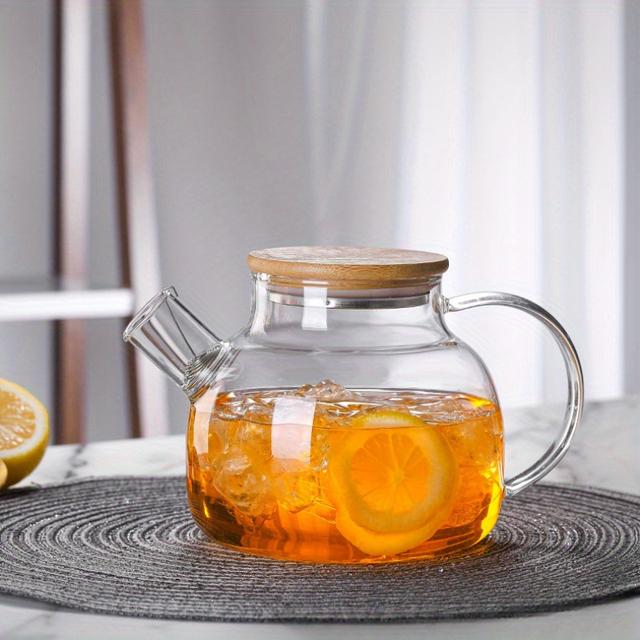 TEMU 1000ml Diymalls Glass Teapot With Wooden Lid - Large Capacity, Heat-resistant For Beverages, Perfect For , Fruit , And Gifts